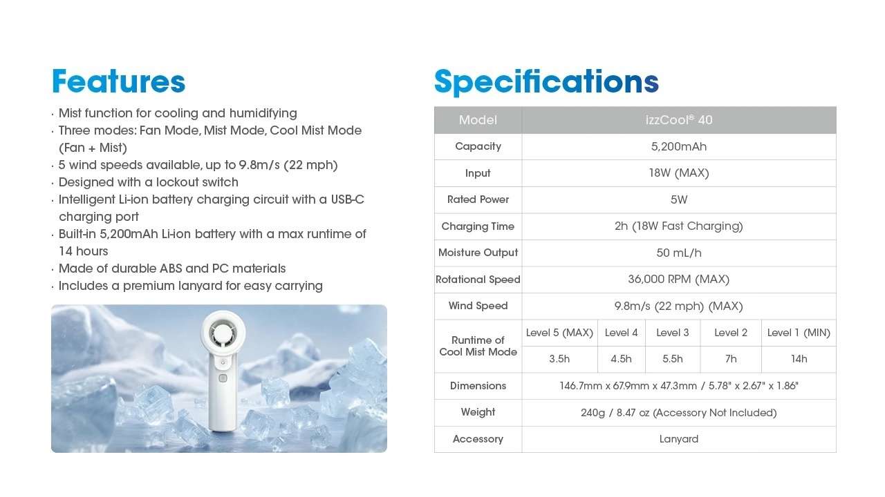 izzCool™ 40 High-Speed Handheld Air Conditioner Fan